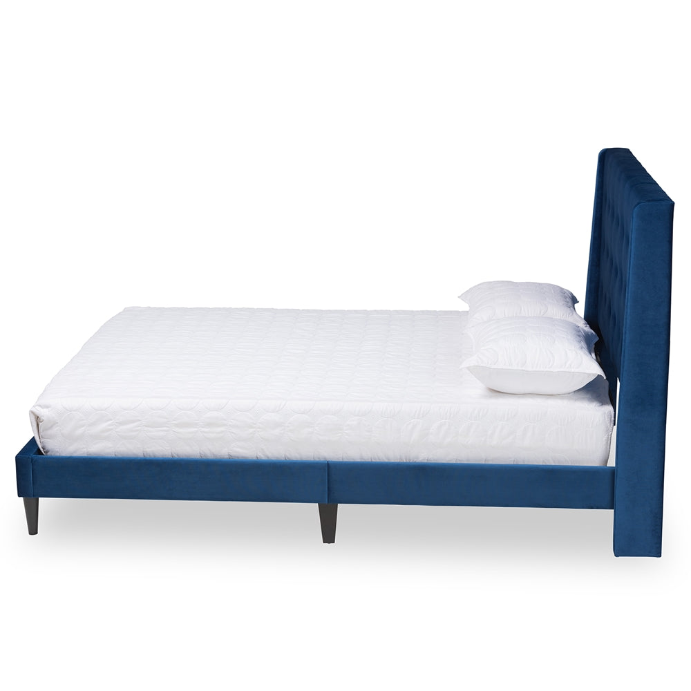 Baxton Studio Gothard Modern And Contemporary Navy Blue Velvet Fabric Upholstered And Dark Brown Finished Wood King Size Platform Bed