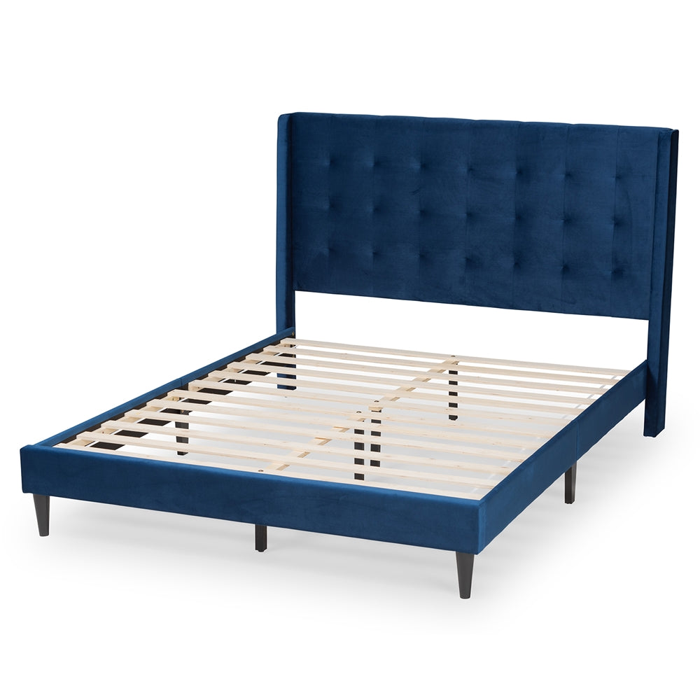 Baxton Studio Gothard Modern And Contemporary Navy Blue Velvet Fabric Upholstered And Dark Brown Finished Wood King Size Platform Bed