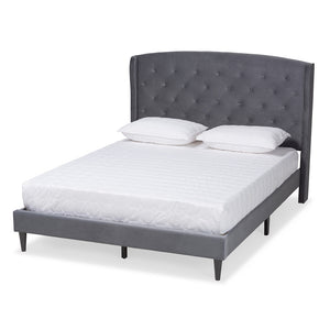 Baxton Studio Joanna Modern And Contemporay Grey Velvet Fabric Upholstered And Dark Brown Finished Wood King Size Platform Bed