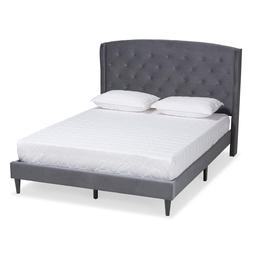 Baxton Studio Joanna Modern And Contemporay Grey Velvet Fabric Upholstered And Dark Brown Finished Wood Queen Size Platform Bed