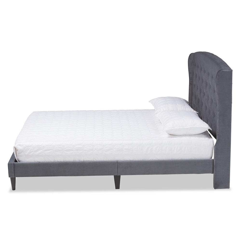 Baxton Studio Joanna Modern And Contemporay Grey Velvet Fabric Upholstered And Dark Brown Finished Wood King Size Platform Bed