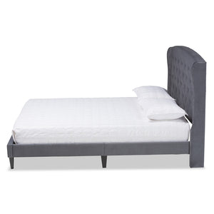 Baxton Studio Joanna Modern And Contemporay Grey Velvet Fabric Upholstered And Dark Brown Finished Wood Queen Size Platform Bed