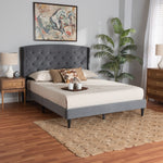 Load image into Gallery viewer, BAXTON STUDIO JOANNA MODERN AND CONTEMPORAY GREY VELVET FABRIC UPHOLSTERED AND DARK BROWN FINISHED WOOD KING SIZE PLATFORM BED
