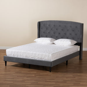 Baxton Studio Joanna Modern And Contemporay Grey Velvet Fabric Upholstered And Dark Brown Finished Wood Queen Size Platform Bed