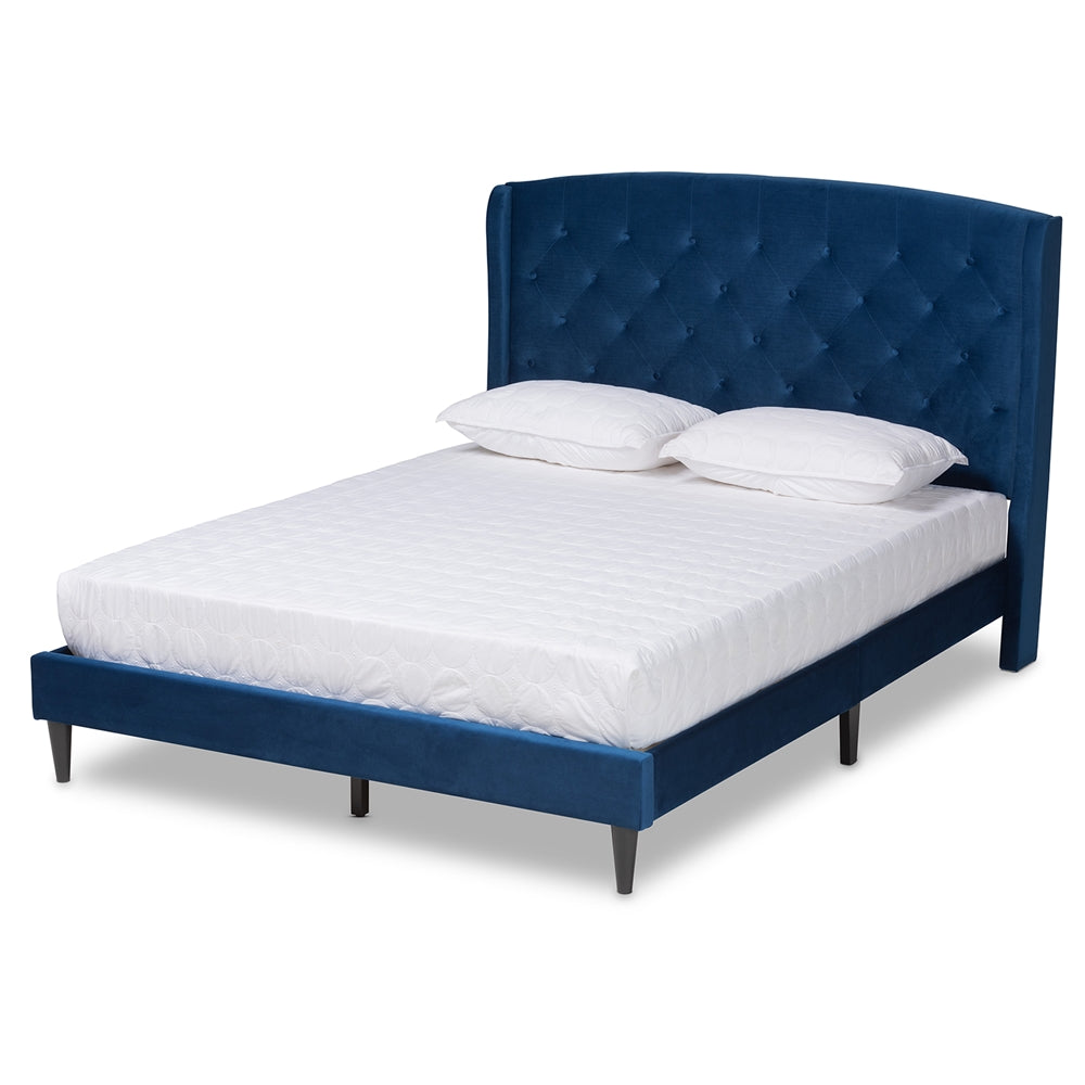 Baxton Studio Joanna Modern And Contemporay Navy Blue Velvet Fabric Upholstered And Dark Brown Finished Wood King Size Platform Bed