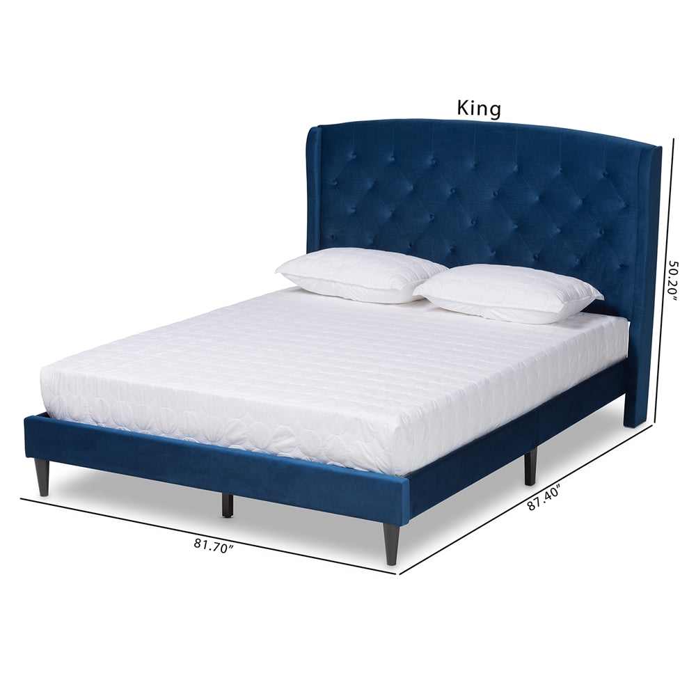 Baxton Studio Joanna Modern And Contemporay Navy Blue Velvet Fabric Upholstered And Dark Brown Finished Wood Queen Size Platform Bed