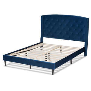 Baxton Studio Joanna Modern And Contemporay Navy Blue Velvet Fabric Upholstered And Dark Brown Finished Wood King Size Platform Bed