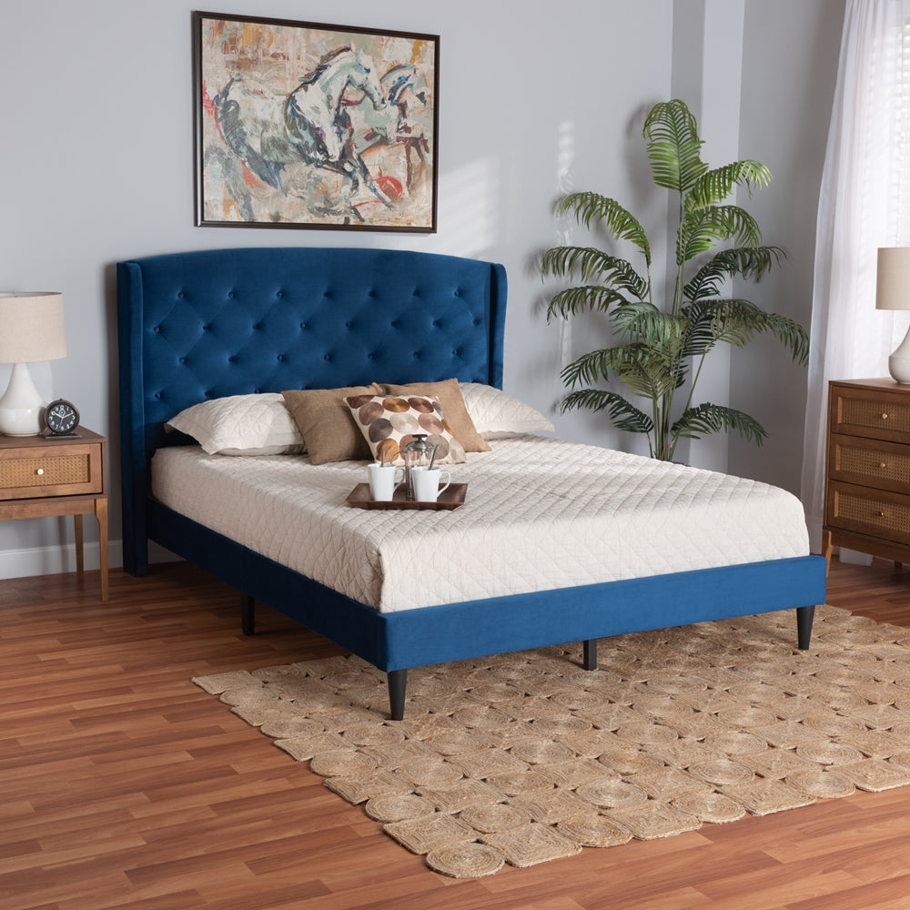 BAXTON STUDIO JOANNA MODERN AND CONTEMPORAY NAVY BLUE VELVET FABRIC UPHOLSTERED AND DARK BROWN FINISHED WOOD KING SIZE PLATFORM BED