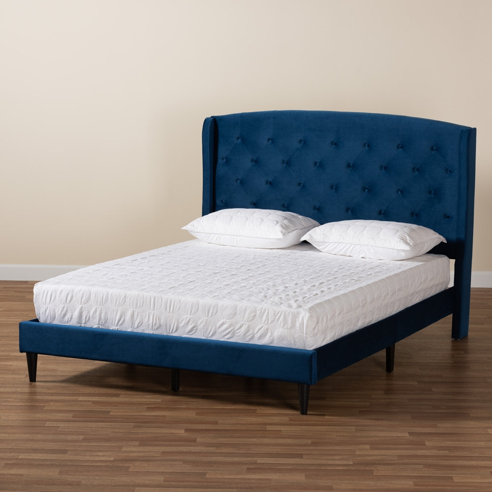 Baxton Studio Joanna Modern And Contemporay Navy Blue Velvet Fabric Upholstered And Dark Brown Finished Wood King Size Platform Bed