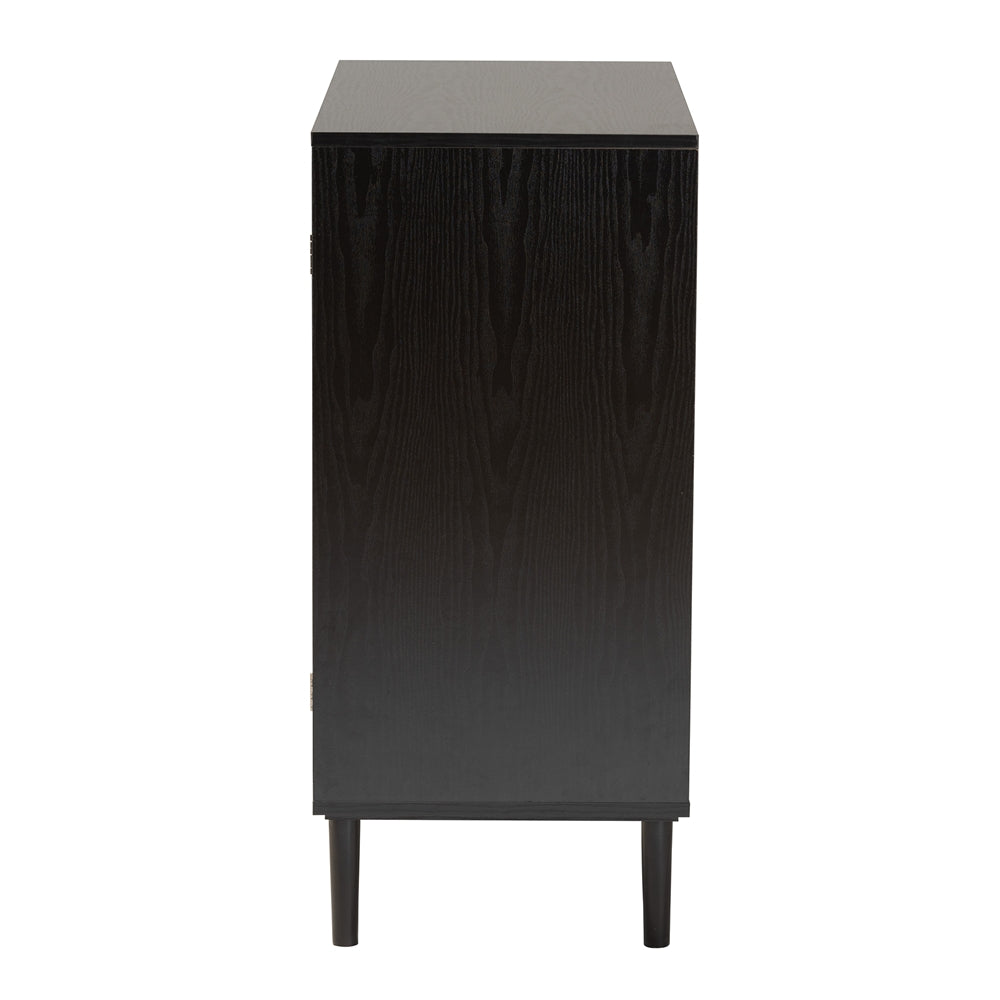 Baxton Studio Maureen Mid-Century Modern Espresso Brown Wood And Rattan 2-Door Storage Cabinet