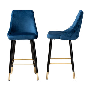 Baxton Studio Giada Contemporary Glam And Luxe Navy Blue Velvet Fabric And Dark Brown Finished Wood 2-Piece Bar Stool Set