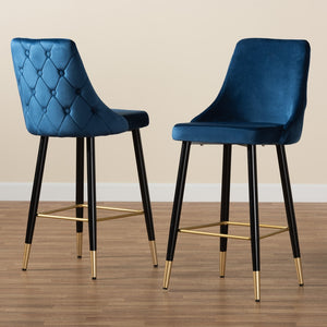 Baxton Studio Giada Contemporary Glam And Luxe Navy Blue Velvet Fabric And Dark Brown Finished Wood 2-Piece Bar Stool Set