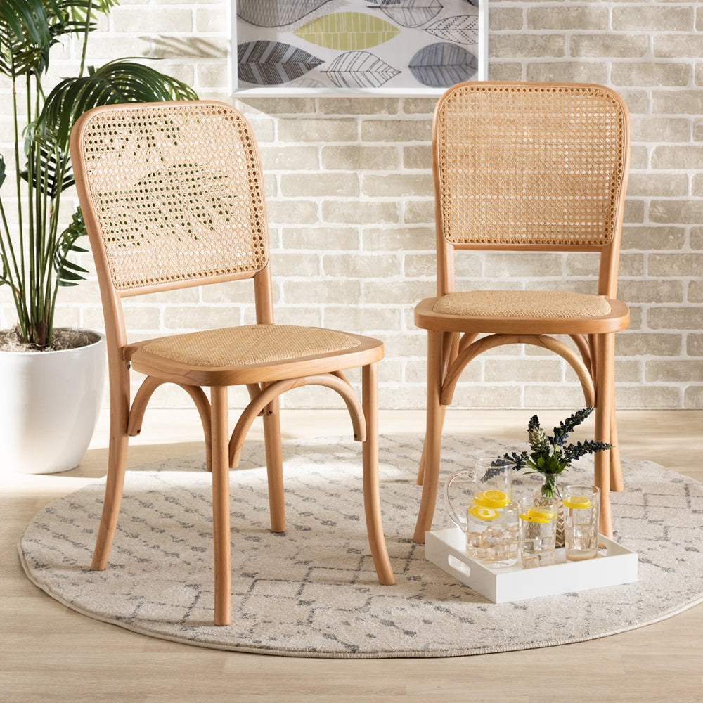 Baxton Studio Neah Mid-Century Modern Brown Woven Rattan And Wood 2-Piece Cane Dining Chair Set