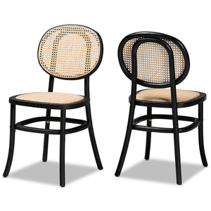 Baxton Studio Garold Mid-Century Modern Brown Woven Rattan And Black Wood 2-Piece Cane Dining Chair Set