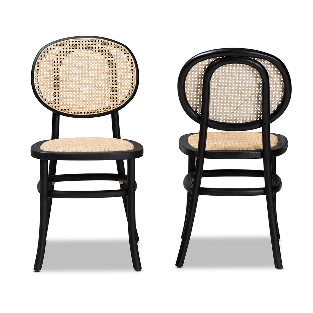 Baxton Studio Garold Mid-Century Modern Brown Woven Rattan And Black Wood 2-Piece Cane Dining Chair Set