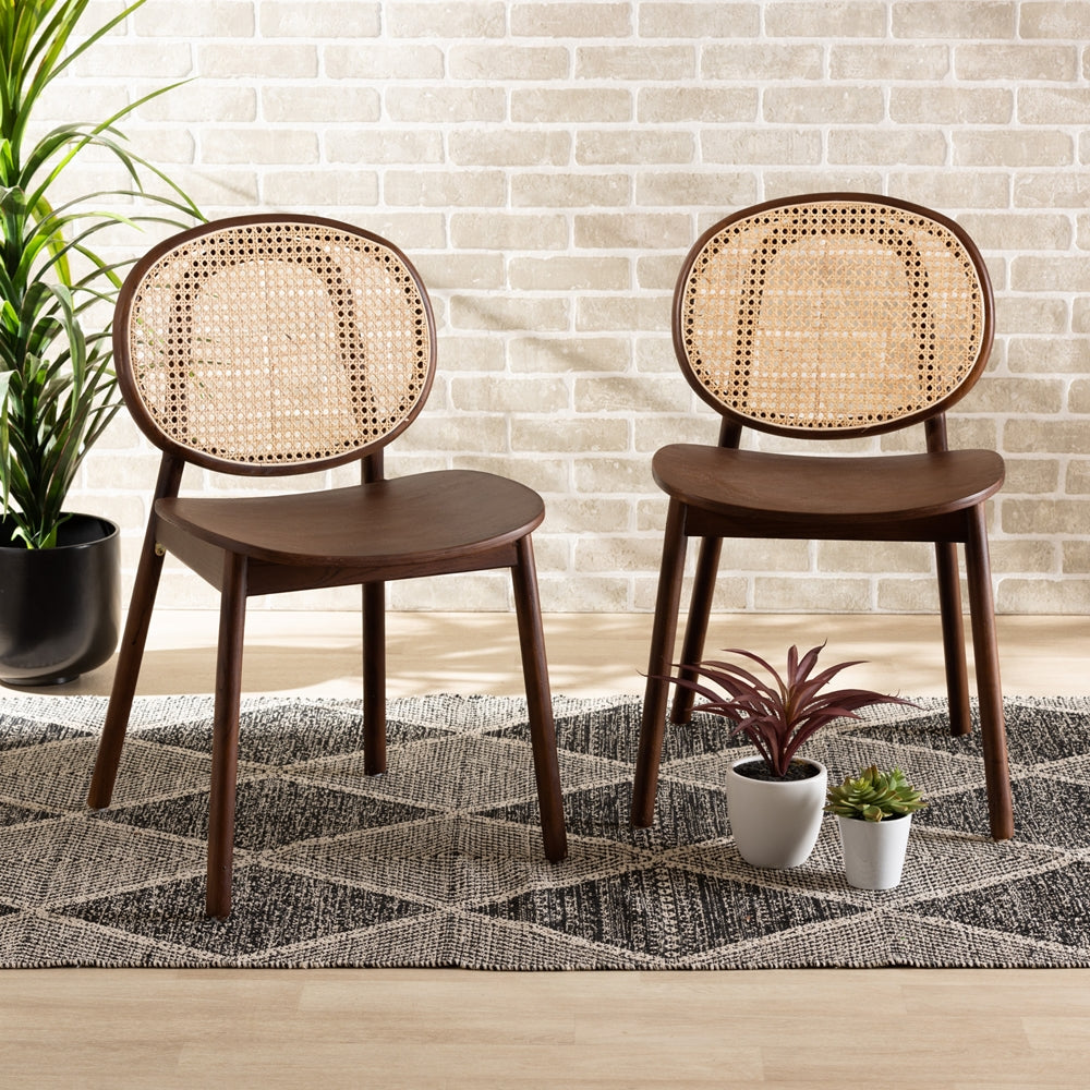 Baxton Studio Halen Mid-Century Modern Brown Woven Rattan And Walnut Brown Wood Finished 2-Piece Cane Dining Chair Set