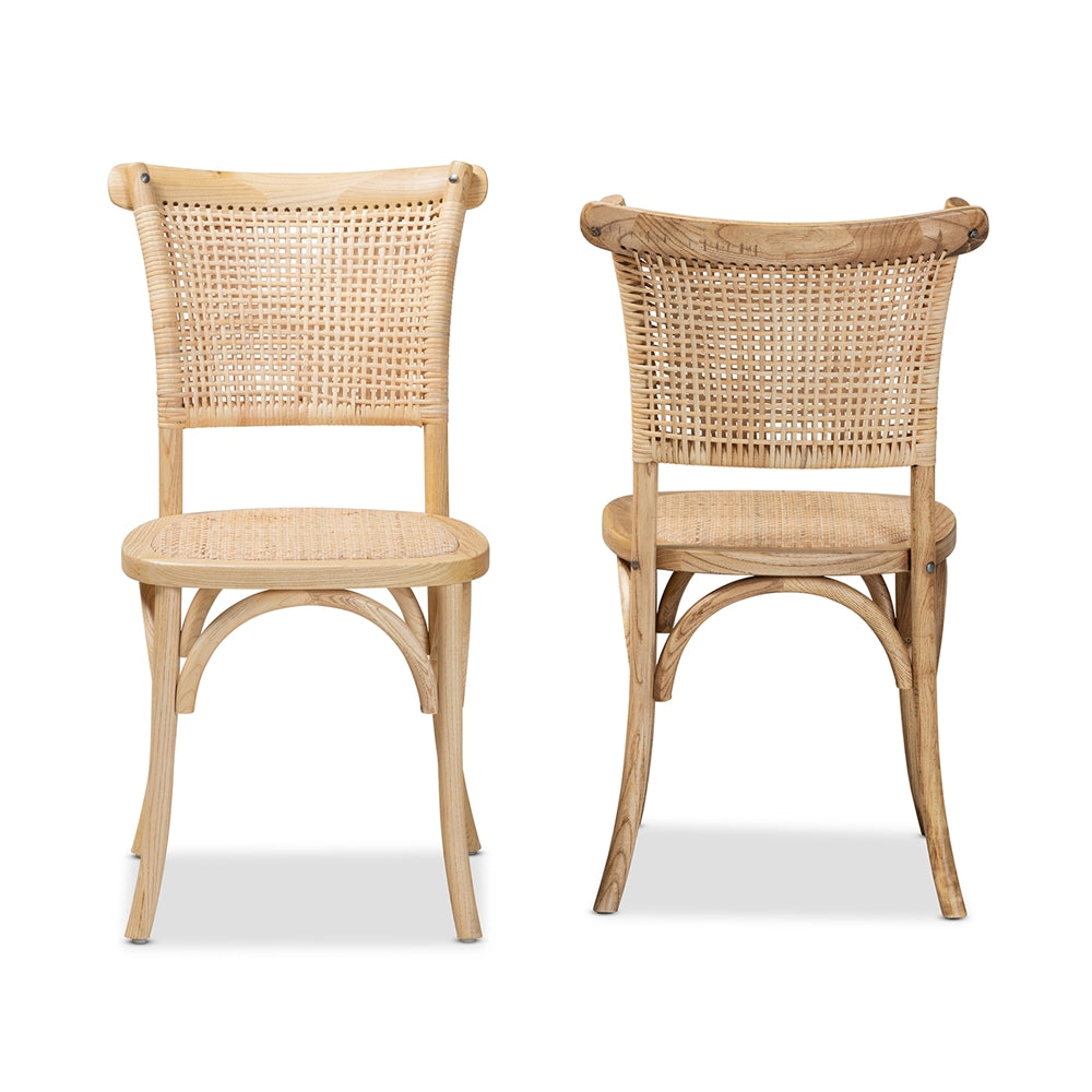 Baxton Studio Fields Mid-Century Modern Brown Woven Rattan And Wood 2-Piece Cane Dining Chair Set