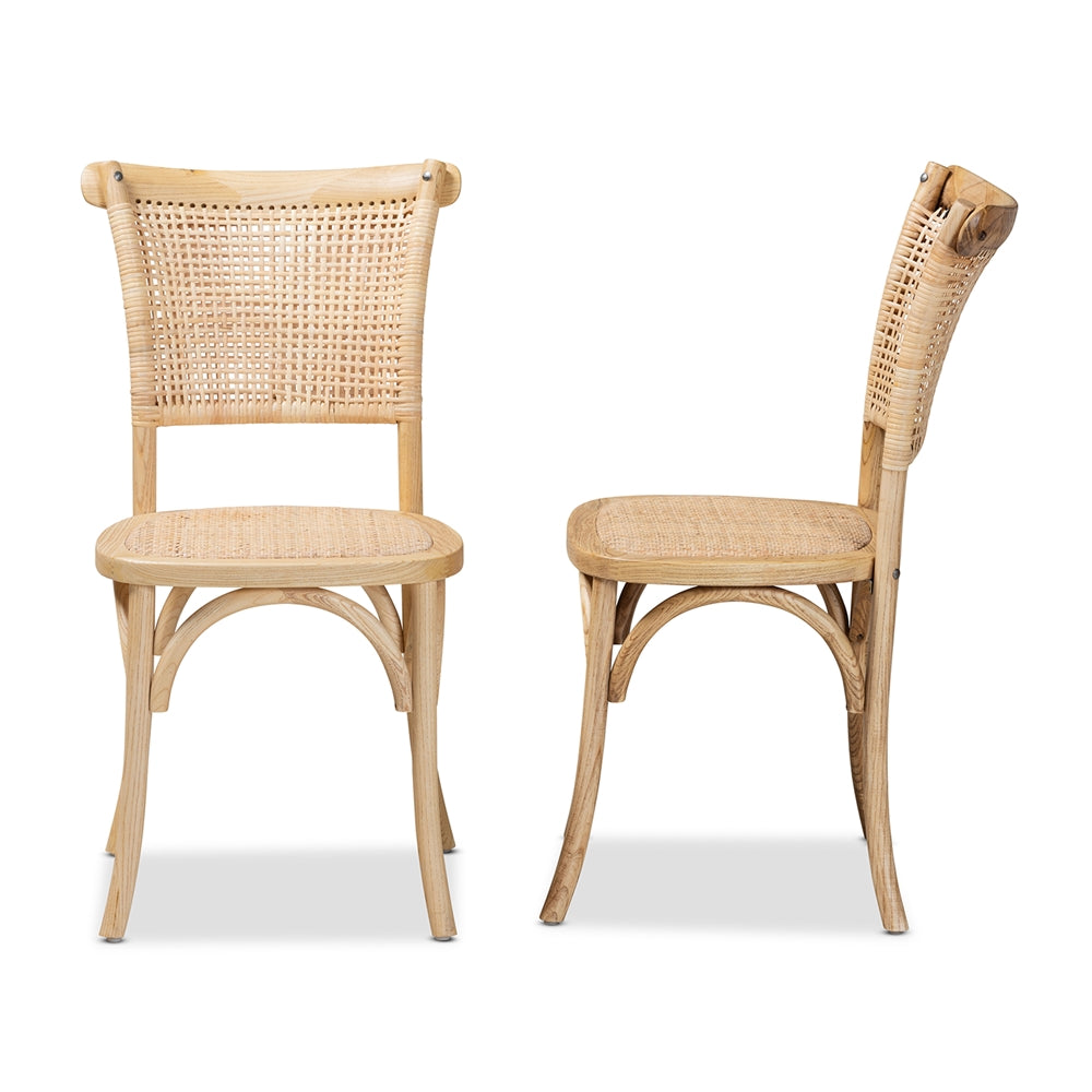 Baxton Studio Fields Mid-Century Modern Brown Woven Rattan And Wood 2-Piece Cane Dining Chair Set