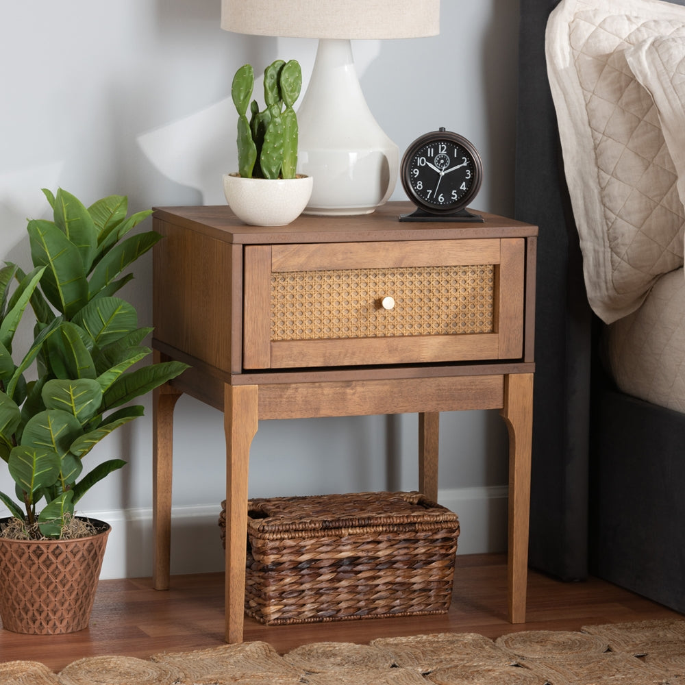 Baxton Studio Ramiel Mid-Century Modern Ash Walnut Finished Wood And Rattan 1-Drawer Nightstand