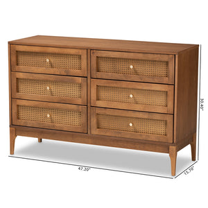 Baxton Studio Ramiel Mid-Century Modern Ash Walnut Finished Wood And Rattan 6-Drawer Dresser