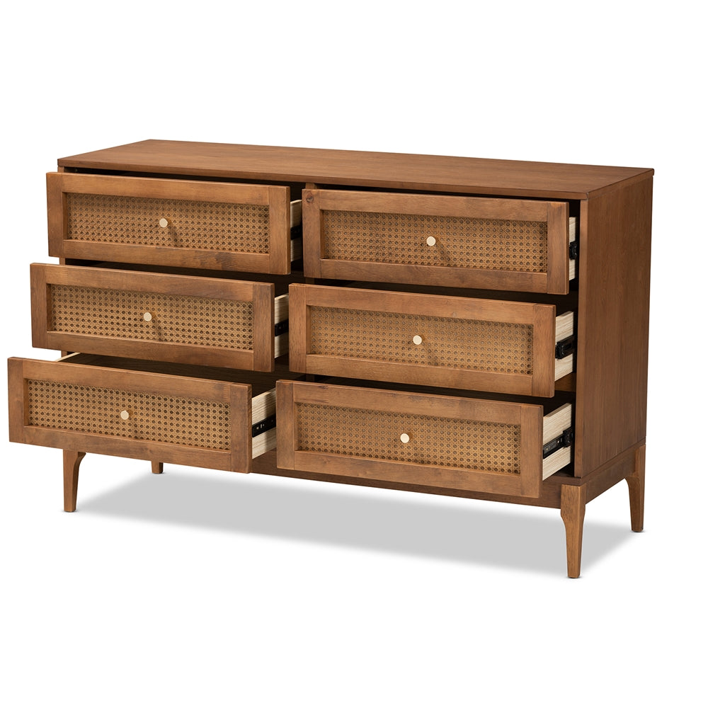 Baxton Studio Ramiel Mid-Century Modern Ash Walnut Finished Wood And Rattan 6-Drawer Dresser