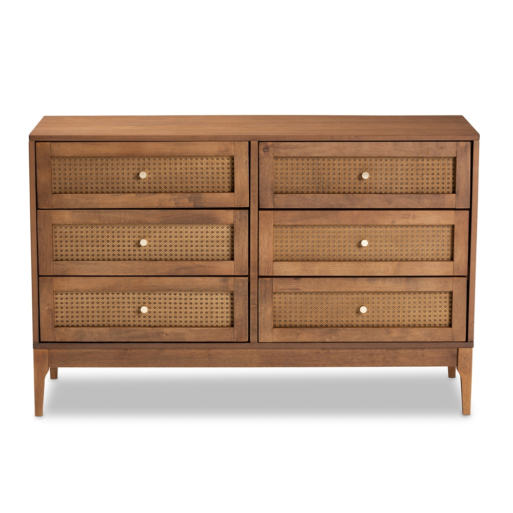 Baxton Studio Ramiel Mid-Century Modern Ash Walnut Finished Wood And Rattan 6-Drawer Dresser