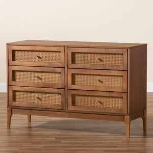 Baxton Studio Ramiel Mid-Century Modern Ash Walnut Finished Wood And Rattan 6-Drawer Dresser