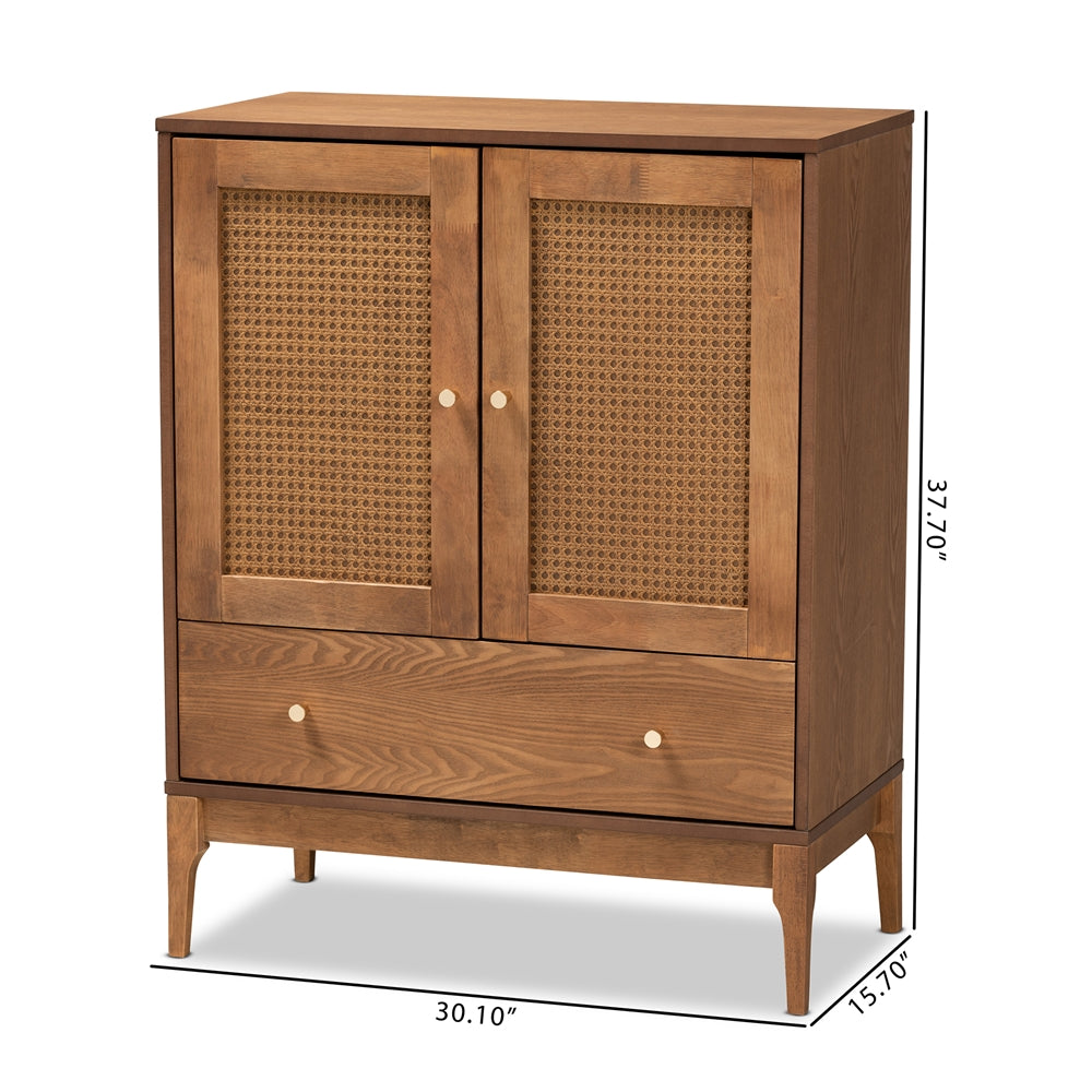 Baxton Studio Ramiel Mid-Century Modern Ash Walnut Finished Wood And Rattan 1-Drawer Sideboard