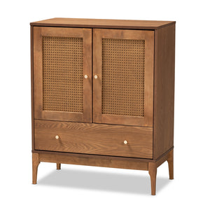 Baxton Studio Ramiel Mid-Century Modern Ash Walnut Finished Wood And Rattan 1-Drawer Sideboard