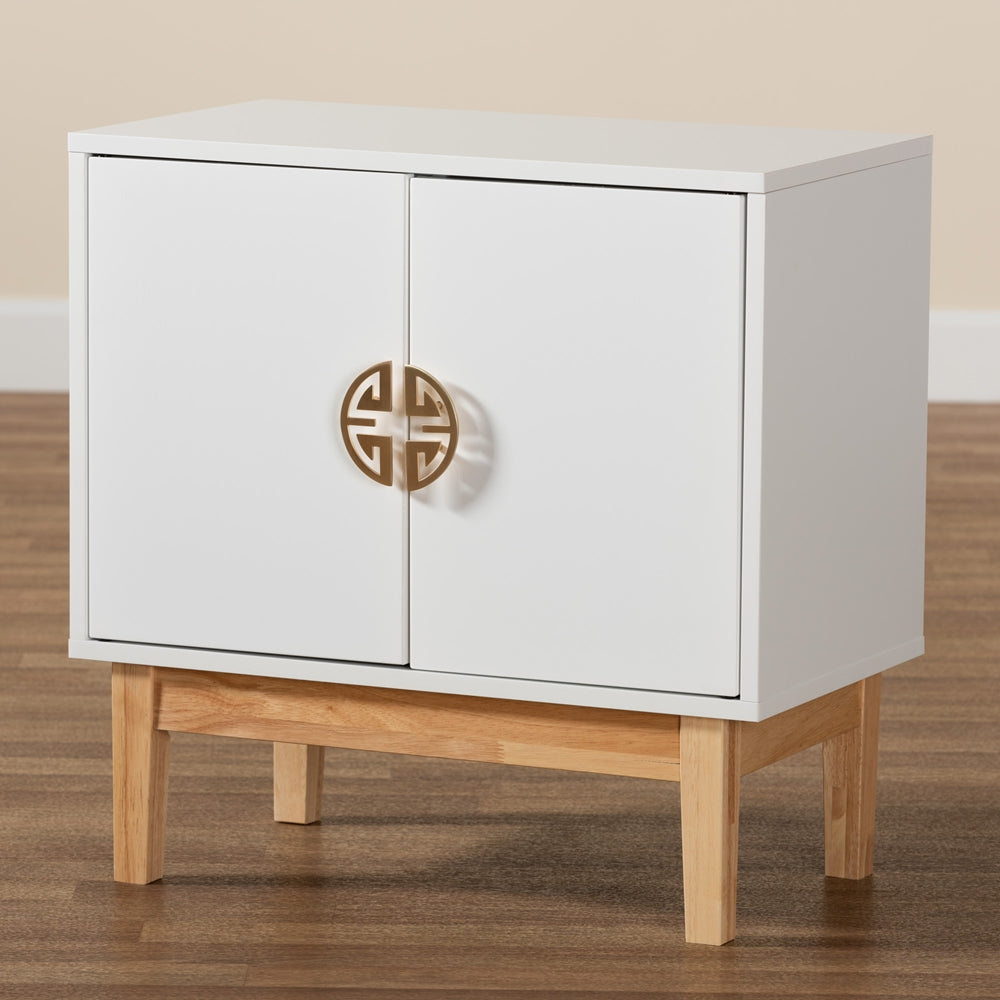 Baxton Studio Kamana Modern And Contemporary Two-Tone White And Oak Brown Finished Wood And Gold Metal 2-Door Storage Cabinet