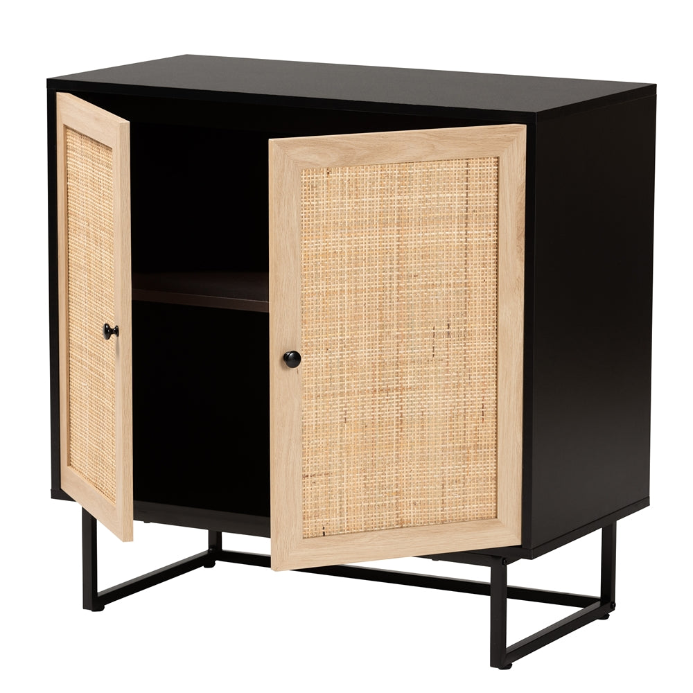 Baxton Studio Declan Mid-Century Modern Espresso Brown Finished Wood And Natural Rattan 2-Door Storage Cabinet