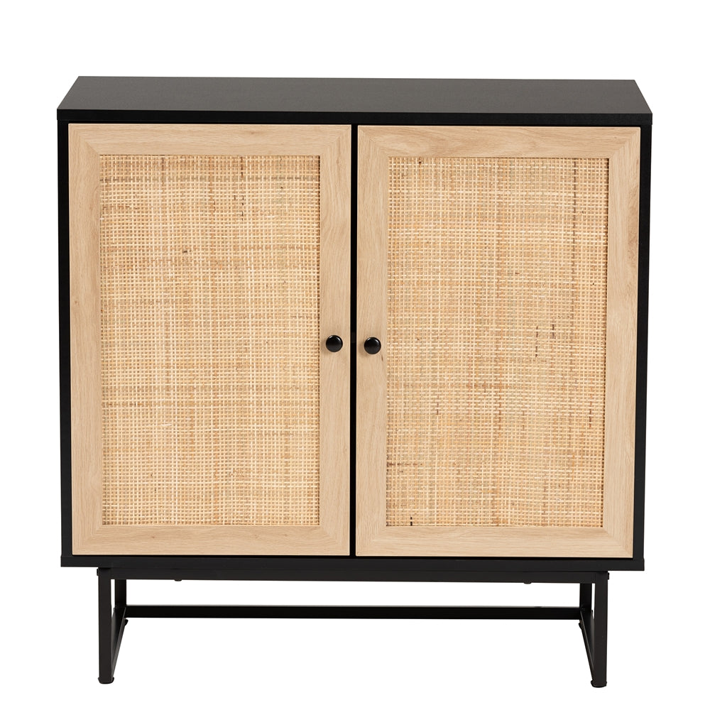 Baxton Studio Declan Mid-Century Modern Espresso Brown Finished Wood And Natural Rattan 2-Door Storage Cabinet