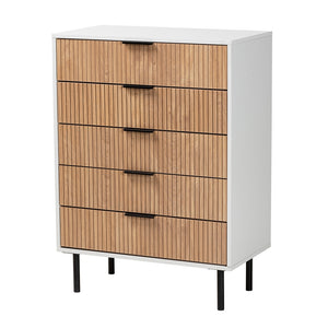 Baxton Studio Karima Mid-Century Modern Two-Tone White And Natural Brown Finished Wood And Black Metal 5-Drawer Storage Cabinet