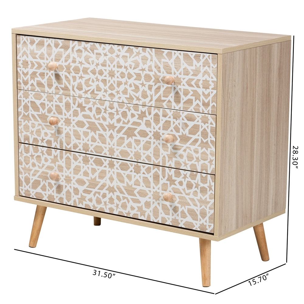 Baxton Studio Beau Mid-Century Modern Transitional Two-Tone White And Oak Brown Finished Wood 3-Drawer Storage Cabinet