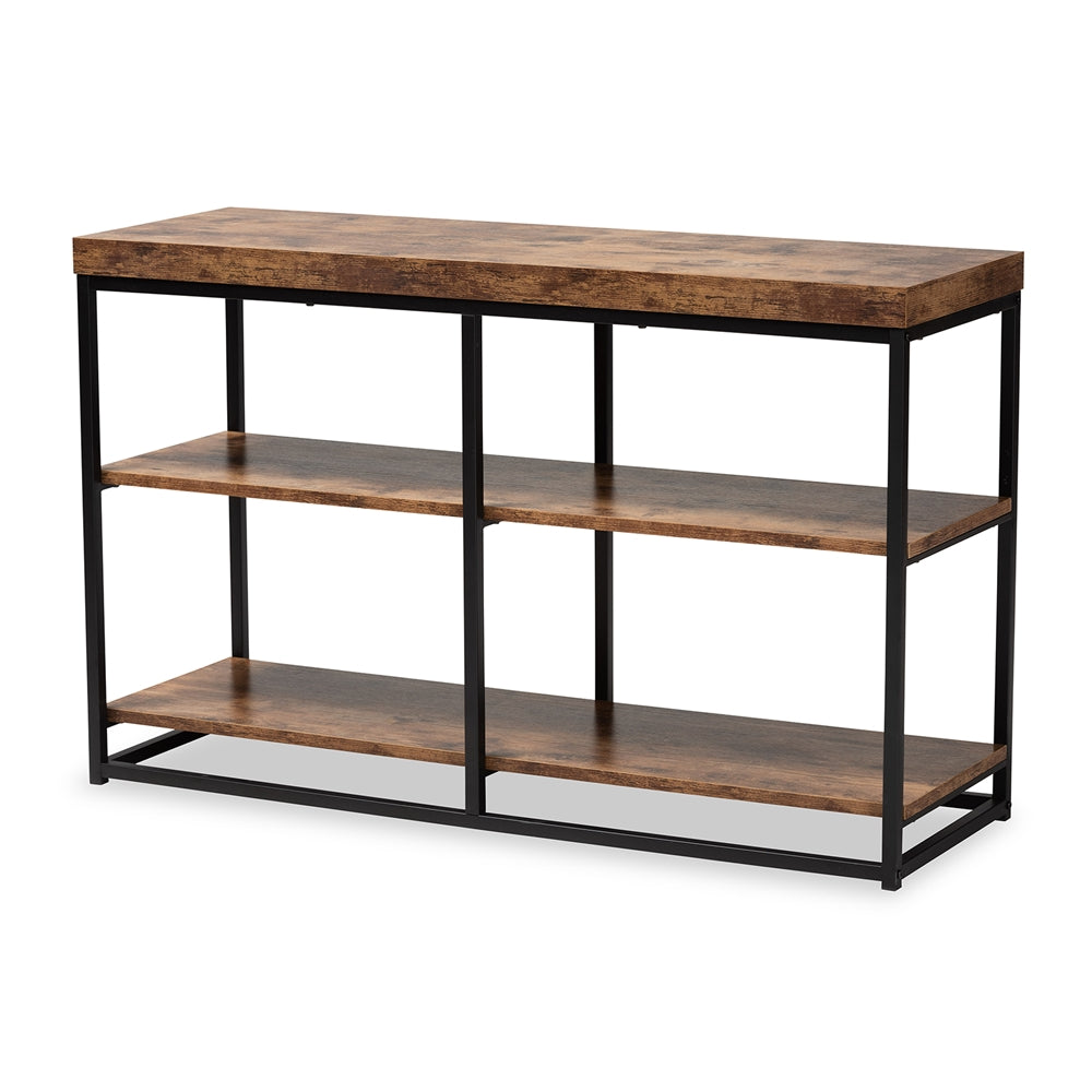 Baxton Studio Bardot Modern Industrial Walnut Brown Finished Wood And Black Metal 3-Tier Console Table