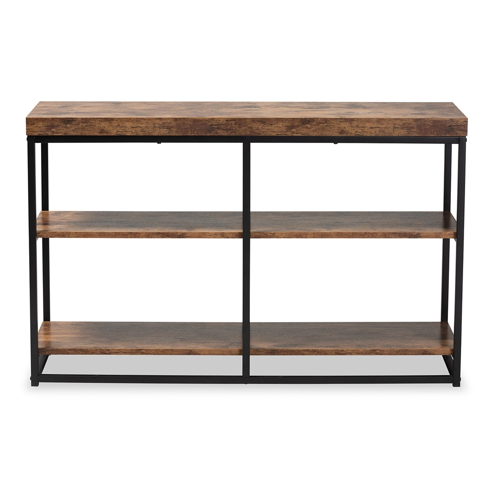 Baxton Studio Bardot Modern Industrial Walnut Brown Finished Wood And Black Metal 3-Tier Console Table