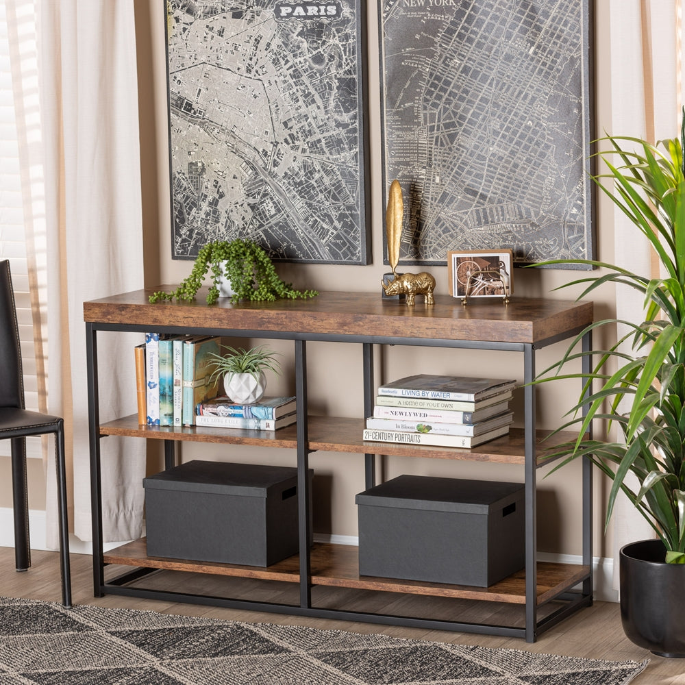 Baxton Studio Bardot Modern Industrial Walnut Brown Finished Wood And Black Metal 3-Tier Console Table