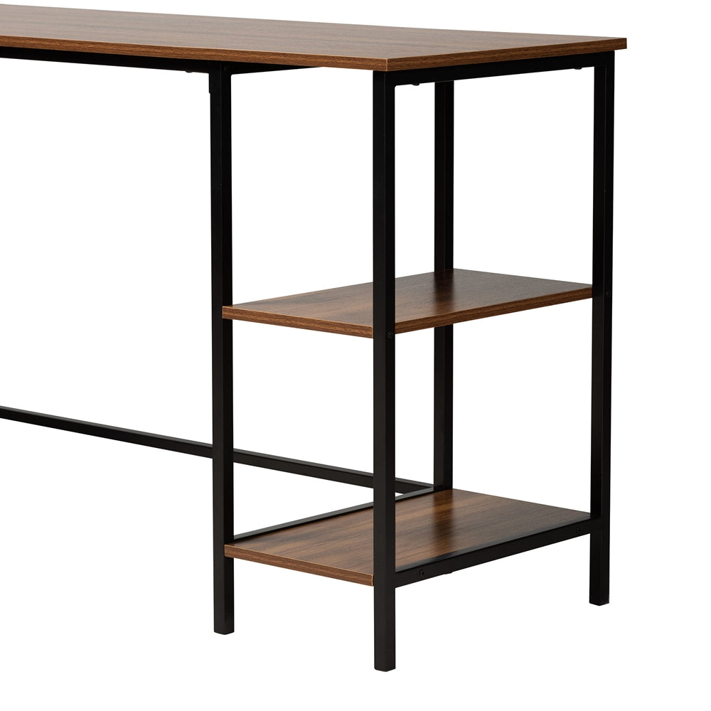 Baxton Studio Lydia Modern Walnut Brown Finished Wood And Black Metal L-Shaped Corner Desk With Shelves