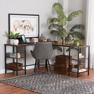 Baxton Studio Lydia Modern Walnut Brown Finished Wood And Black Metal L-Shaped Corner Desk With Shelves