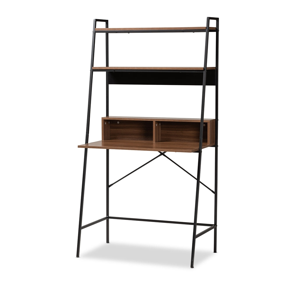 Baxton Studio Palmira Modern Industrial Walnut Brown Finished Wood And Black Metal Desk With Shelves