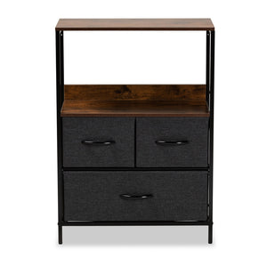 Baxton Studio Hakan Modern Industrial Grey Fabric Upholstered And Walnut Brown Finished Wood 3-Drawer Storage Cabinet