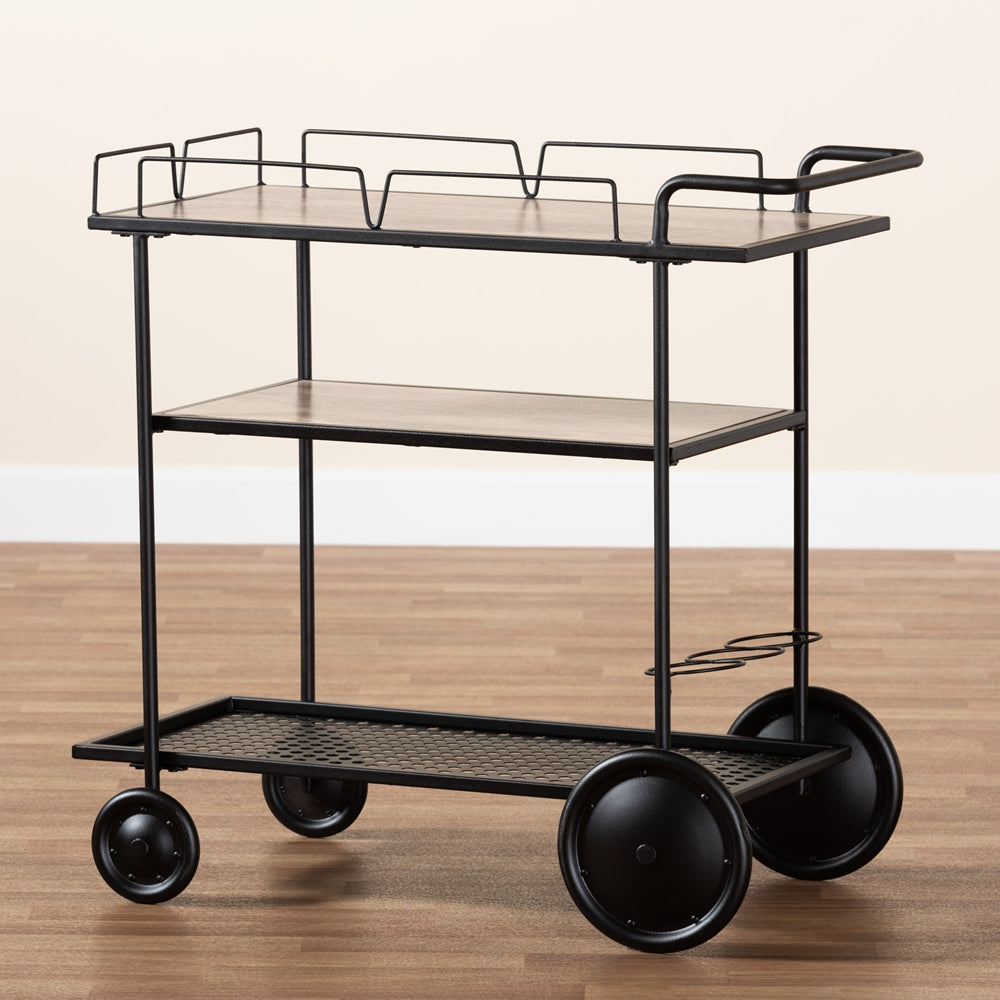 Baxton Studio Huntley Modern Industrial Walnut Brown Finished Wood And Black Metal Mobile Wine Cart