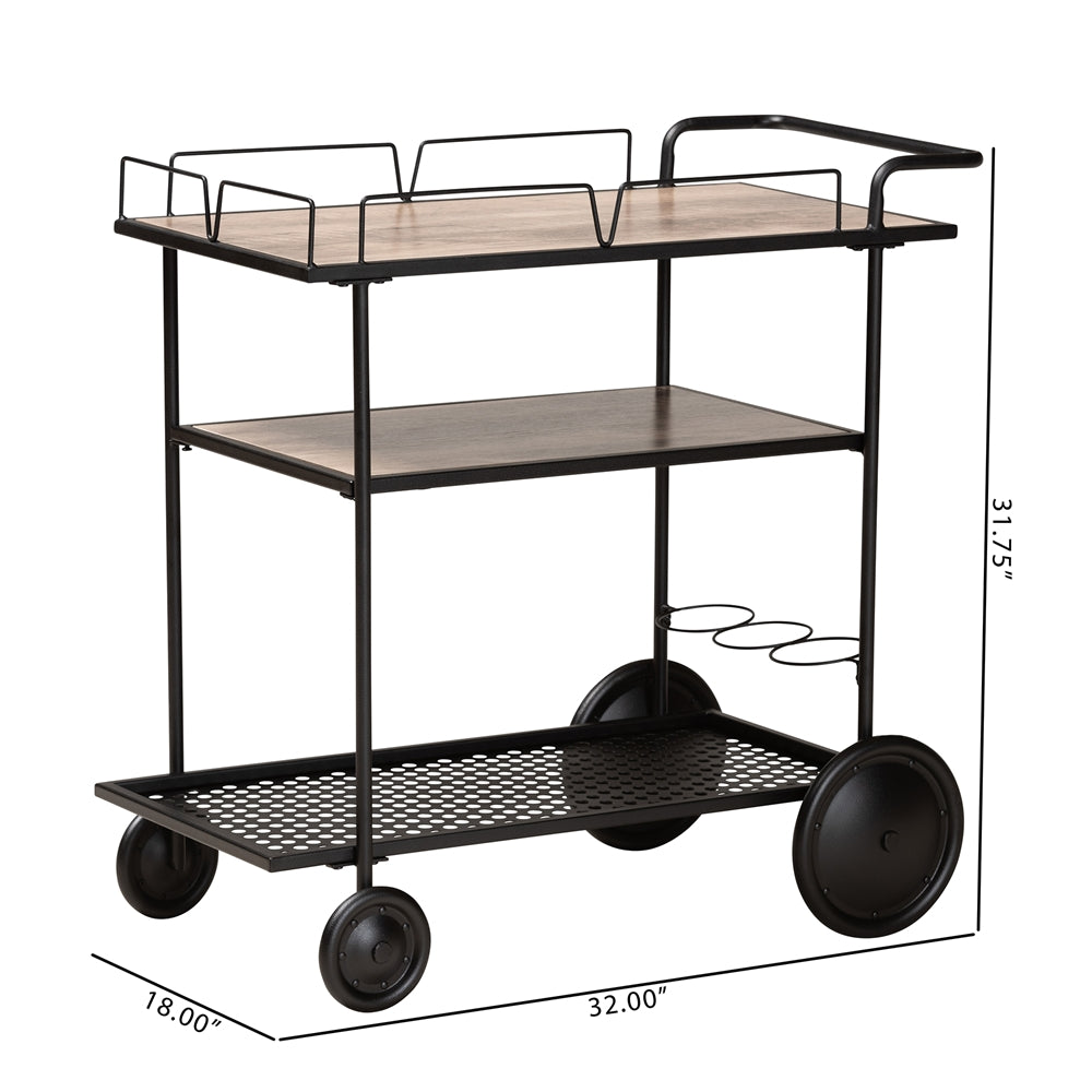 Baxton Studio Huntley Modern Industrial Walnut Brown Finished Wood And Black Metal Mobile Wine Cart