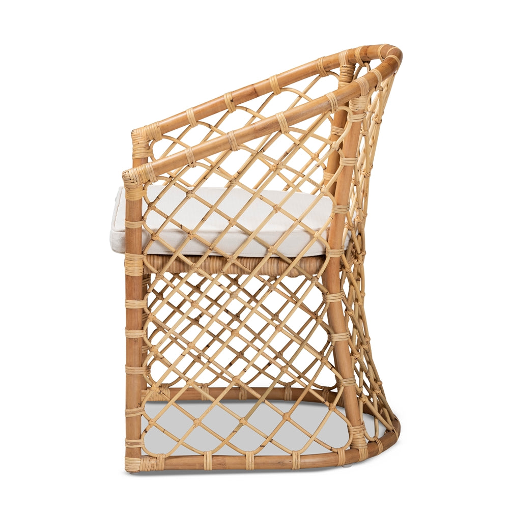 Baxton Studio Orchard Modern Bohemian White Fabric Upholstered And Natural Brown Rattan Dining Chair