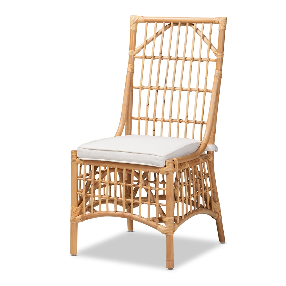 Baxton Studio Rose Modern Bohemian White Fabric Upholstered And Natural Brown Rattan Dining Chair