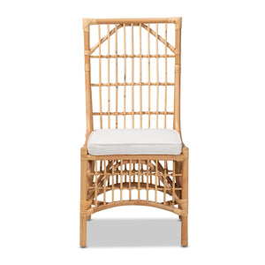 Baxton Studio Rose Modern Bohemian White Fabric Upholstered And Natural Brown Rattan Dining Chair