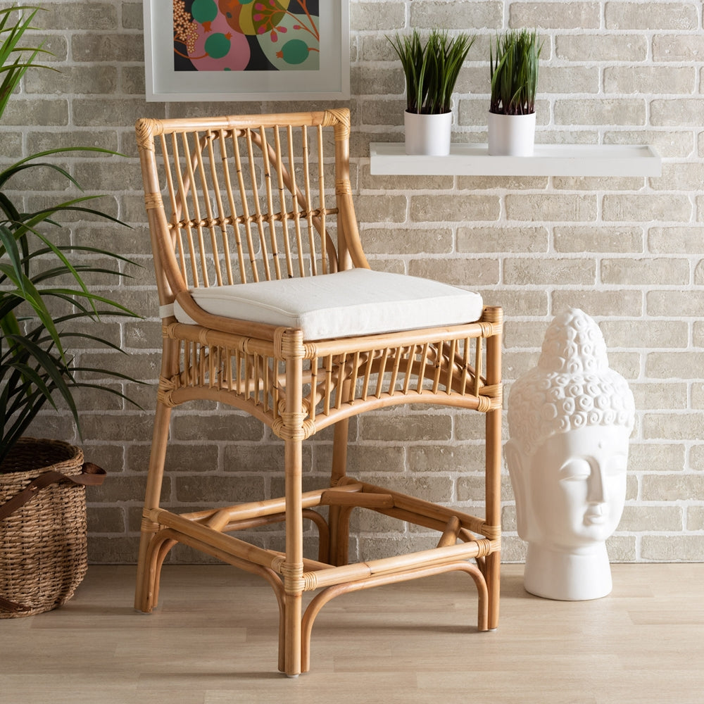 Baxton Studio Rose Modern Bohemian White Fabric Upholstered And Natural Brown Rattan Counter Stool