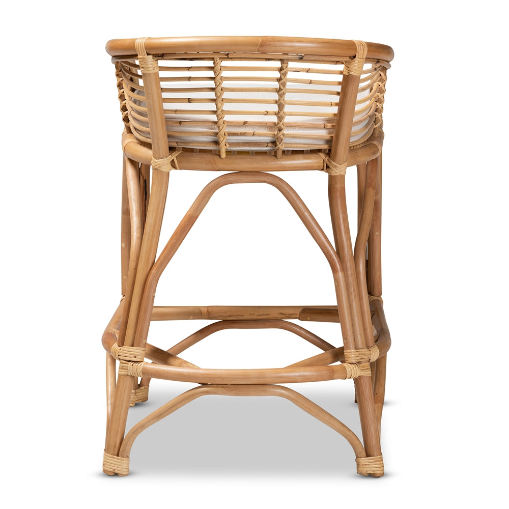 Baxton Studio Maverick Modern Bohemian White Fabric Upholstered And Natural Brown Rattan Counter Stool