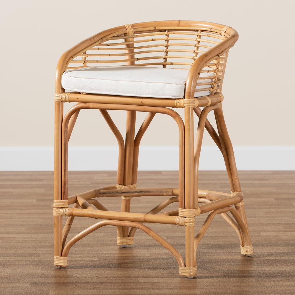 Baxton Studio Maverick Modern Bohemian White Fabric Upholstered And Natural Brown Rattan Counter Stool