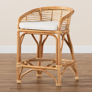 Baxton Studio Maverick Modern Bohemian White Fabric Upholstered And Natural Brown Rattan Counter Stool